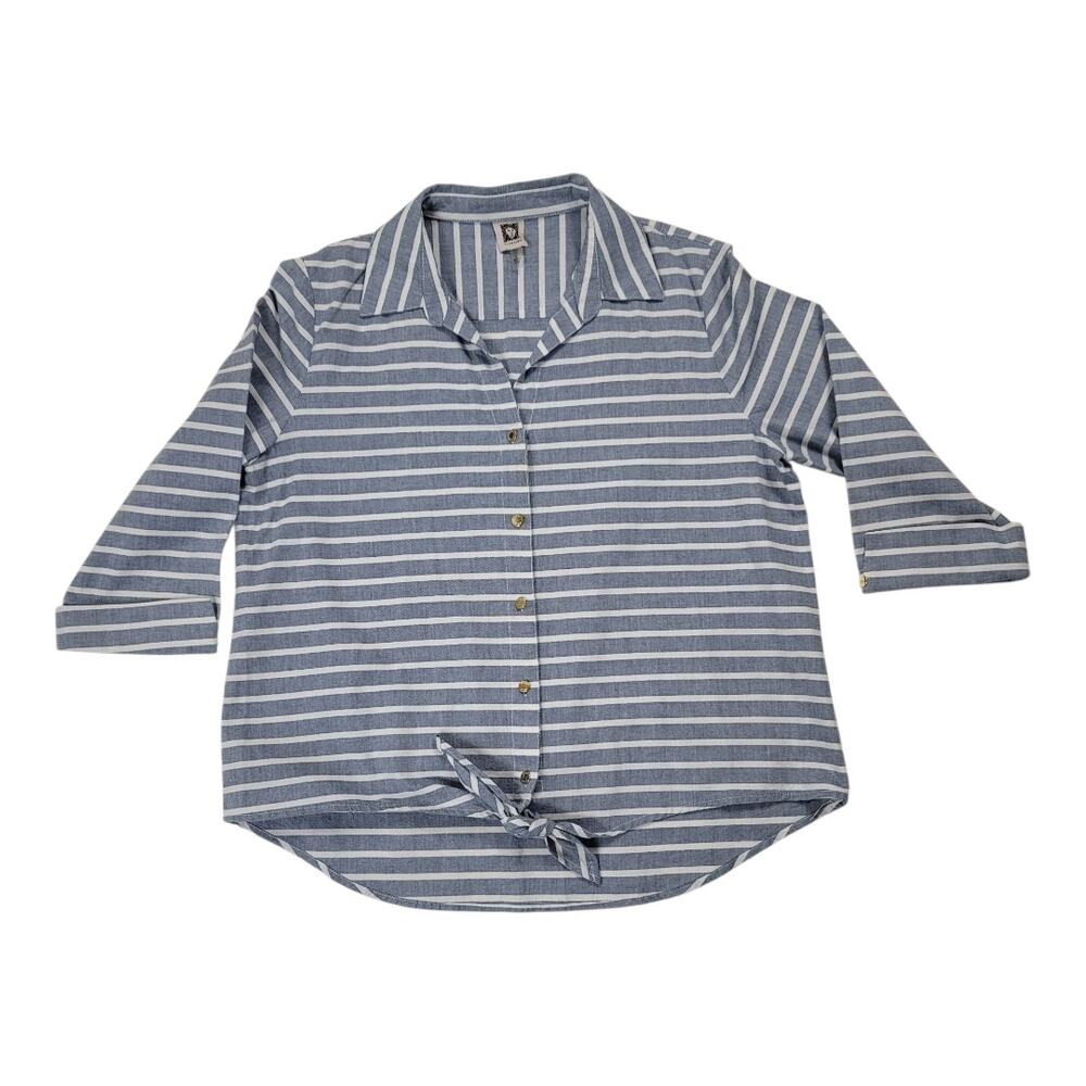 Anne Klein Blue White Stripe Button Up Tie Front Blouse 3/4 Sleeve Women's Large